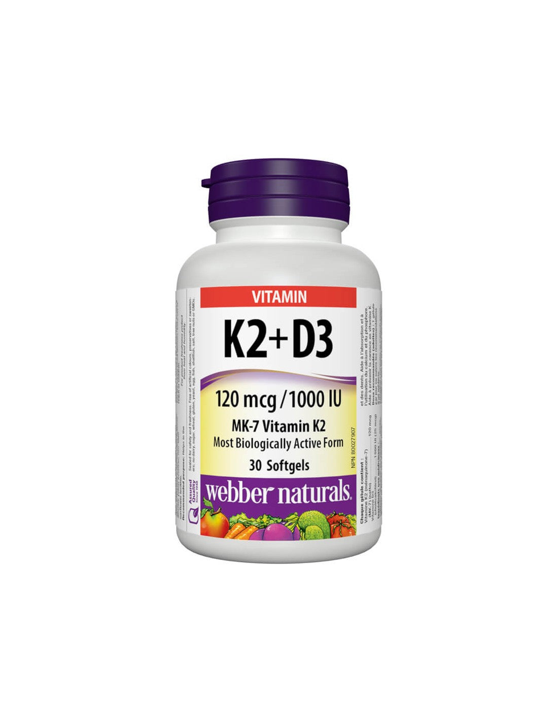 Vitamine K2 + D3/Vitamine K2 120 µg + D3 1000 UI, 30 gélules <tc>Webber Naturals</tc>