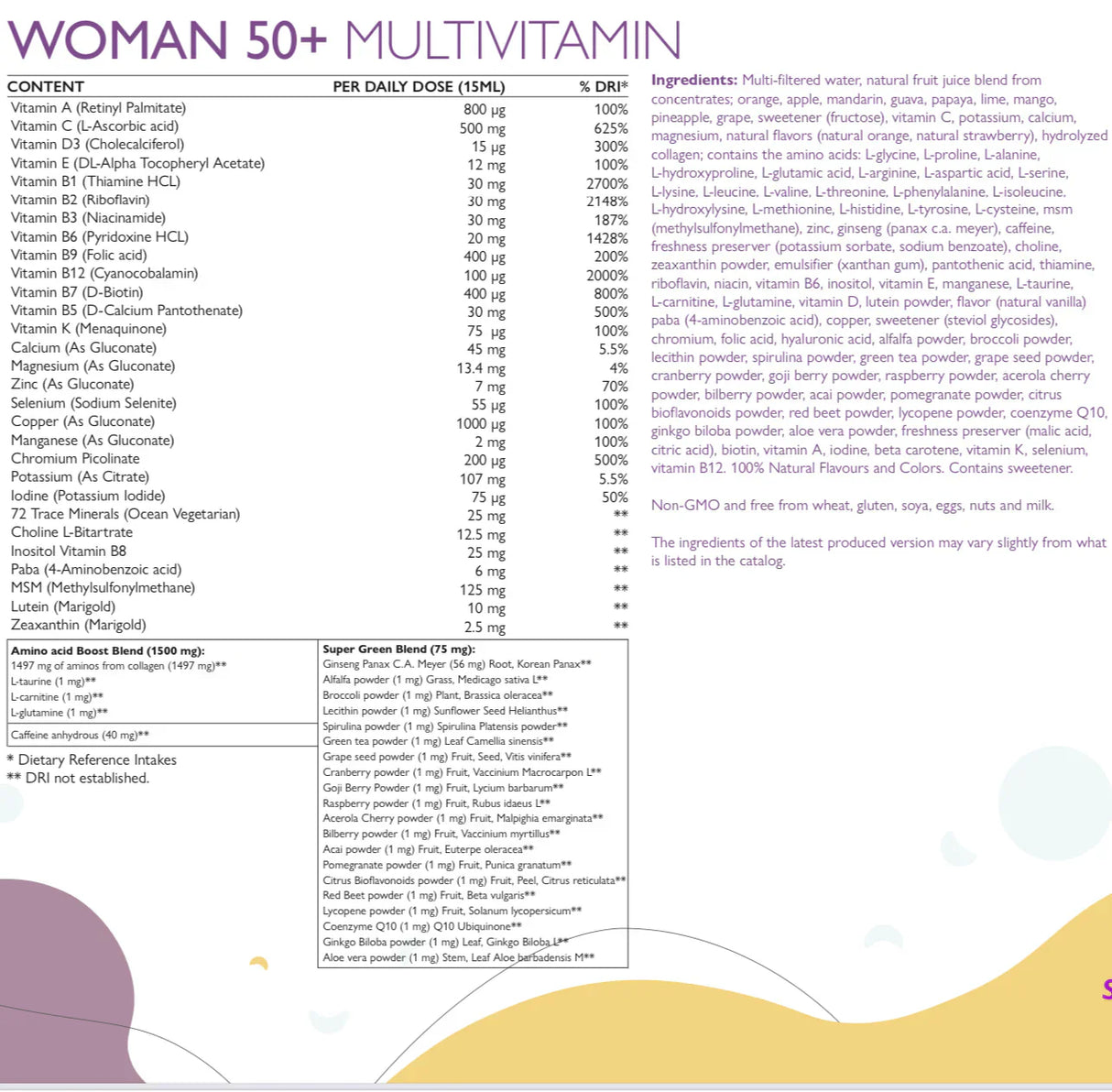 Femmes 50+ multivitamines pour les femmes atteintes de collagène 1497 mg - 149 ingrédients actifs/500 ml /