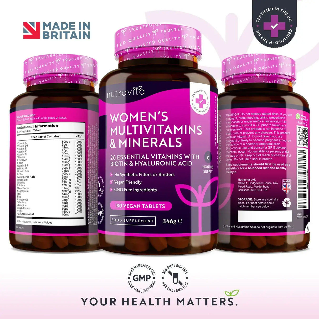 Multivitamines des femmes à biotine et à l'acide hyaluronique 180 comprimés végétaliens
