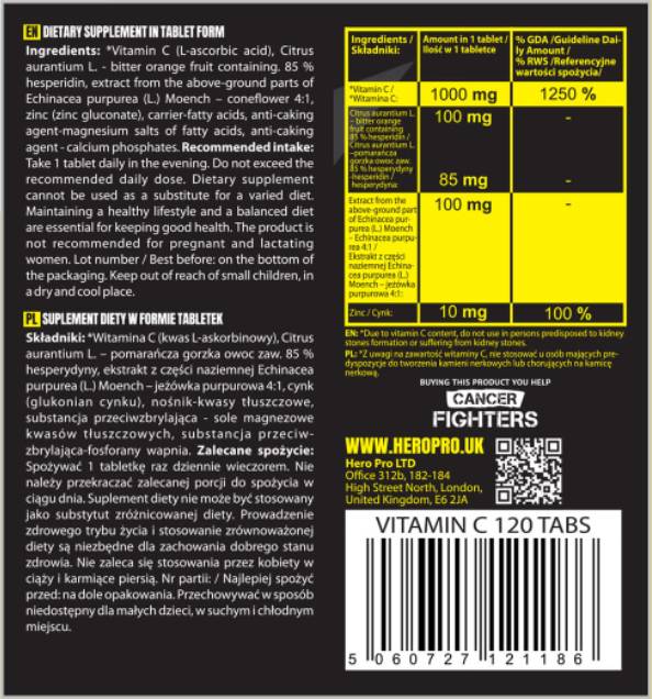 Vitamine C 1000 mg + bioflavonoïdes | avec échinacée + zinc - 120 comprimés