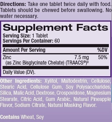 Absorption élevée en zinc 60 Tabs de mastication.