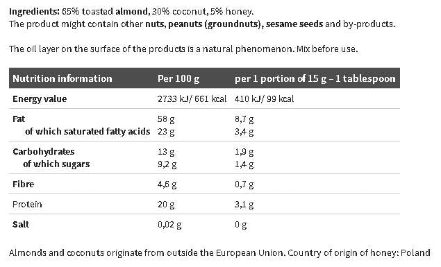 Spread à noix de coco aux amandes - 300 grammes croquants doux