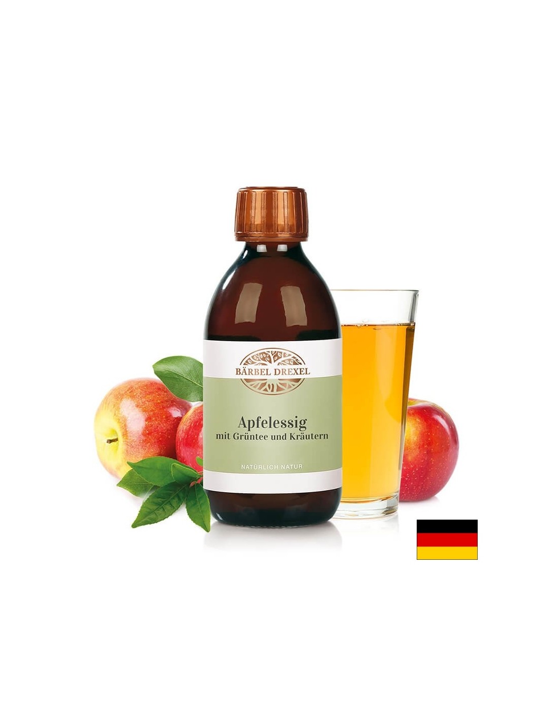 Apfelessig mit Grüntee und Kräutern/Vinaigre de cidre de pomme + thé vert et herbes, 250 ml. <tc>Bärbel Drexel</tc>