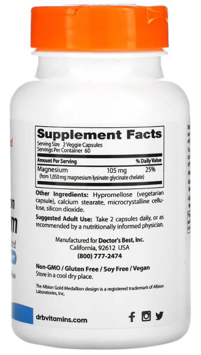 Absorption élevée 100% chélé de glycinate de magnésium 105 mg - 120 capsules