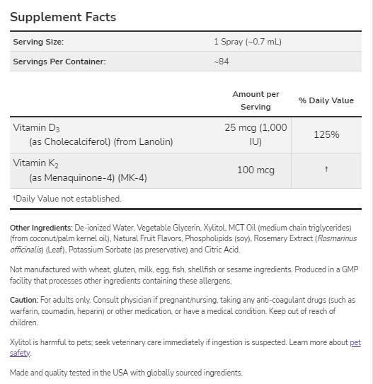Vitamine D-3 1000 IU et K-2 100 MCG | Spray liposomal - 59 ml