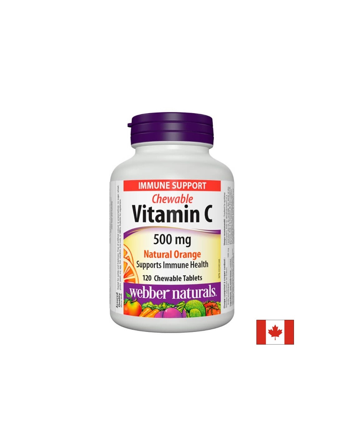 Vitamine C à croquer Orange naturelle - Vitamine C 500 mg, 120 comprimés à croquer à l'orange <tc>Webber Naturals</tc>