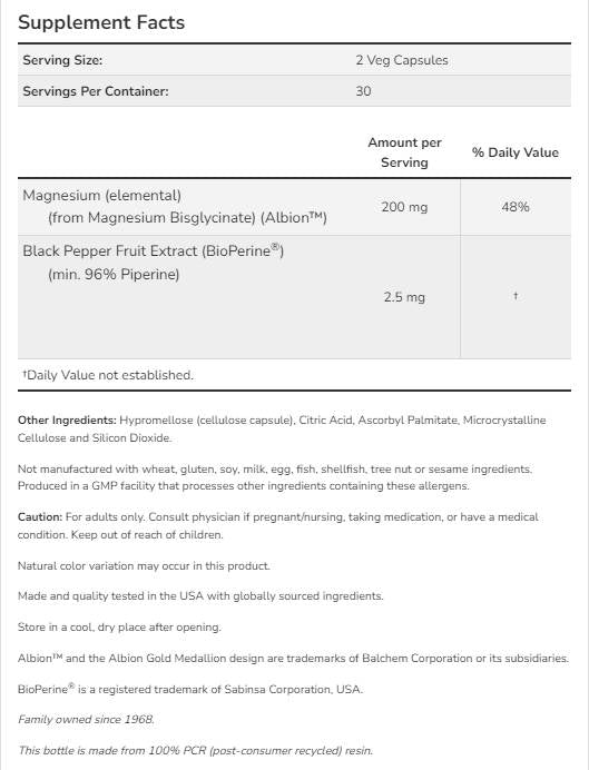 Glycinate de magnésium avec des capsules biopérines - 180