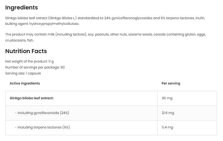 Ginkgo biloba 90 mg/vege - 60 capsules