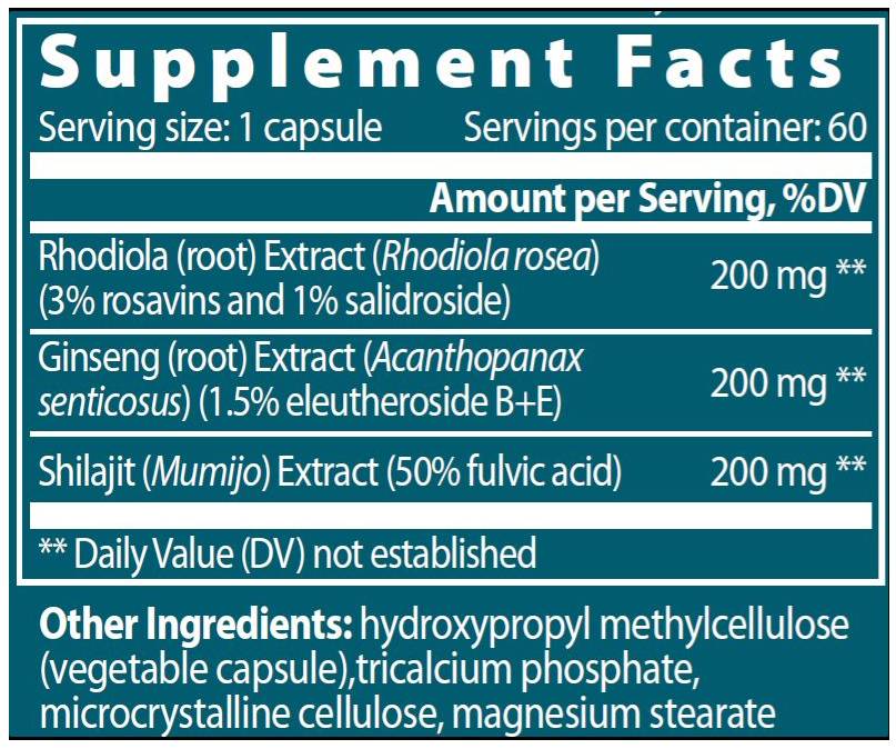 Adaptogène oriental | Rhodiola + ginseng + shilajit - 60 capsules