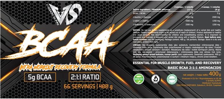 BCAA 2: 1: 1 | Formule de récupération d'entraînement intra - 400 grammes