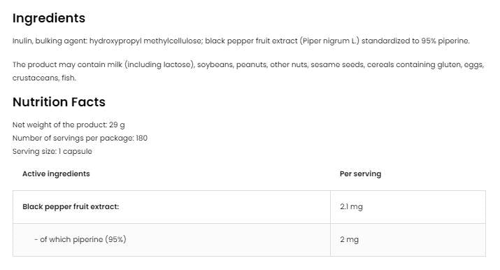 Pipérine 95 Vege | 2 mg 180 capsules