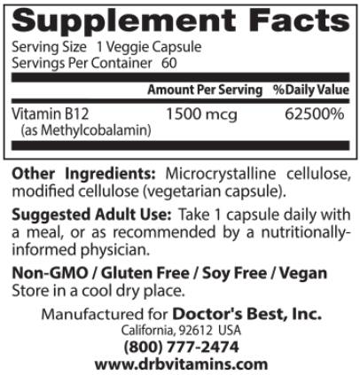 Meilleur B12/méthylcobalamine entièrement actif 1500 mcg - 60 capsules