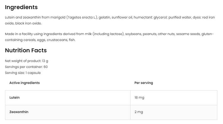 Lutéine 18 mg + zéaxanthine 2 mg 60 capsules