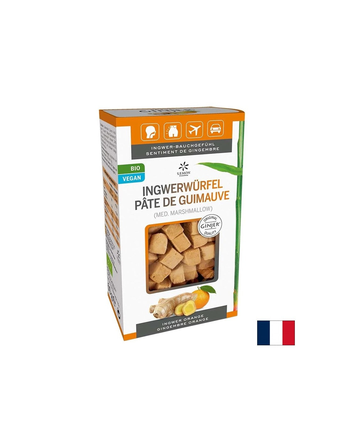 Ginger Cubes Bio - Pour les maux d'estomac pendant la route, ~ 133 pièces avec une saveur d'orange