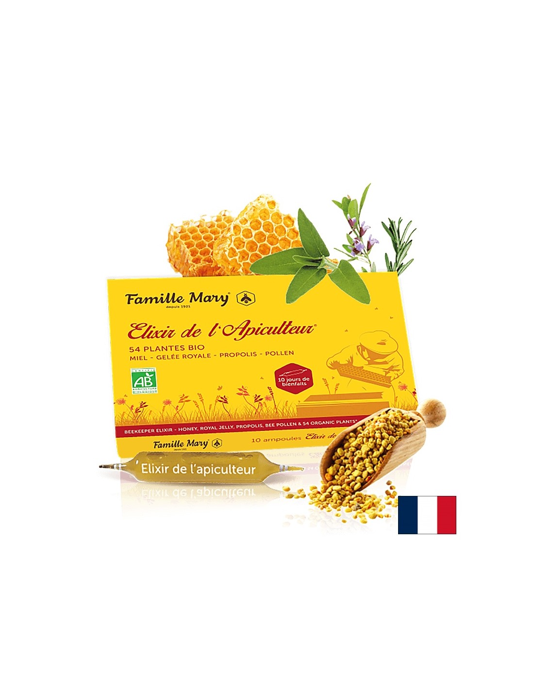 Elixir de L'Apiculteur - Elixir d'abeille (avec miel, gelée royale, pollen d'abeille, propolis et 54 plantes biologiques) Famille Mary