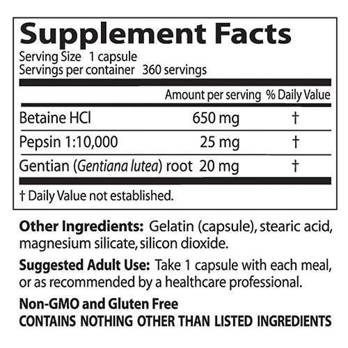 Meilleure bétaïne HCl 650 mg/avec pepsine & gentian amers - 360 capsules