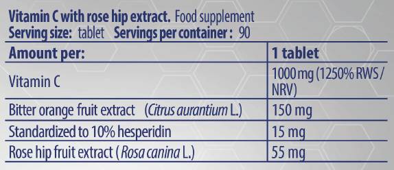 Vitamine C 1000/avec des hanches de rose et de l'orange amère - 90 comprimés