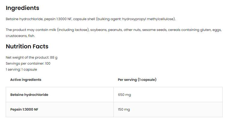 Betaine HCL + PEPSIN 100 Capsules