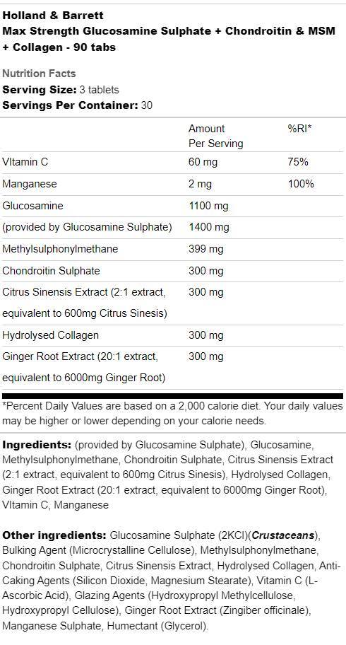 Force maximale Sulfate de glucosamine | Plus la chondroïtine, le MSM et le collagène - 180 comprimés