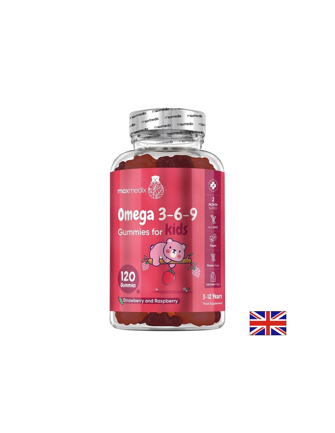 Immunité et fonction du cerveau - Omega 3-6-9 pour les enfants, 120 comprimés de gelée, saveur de fraise et de framboise