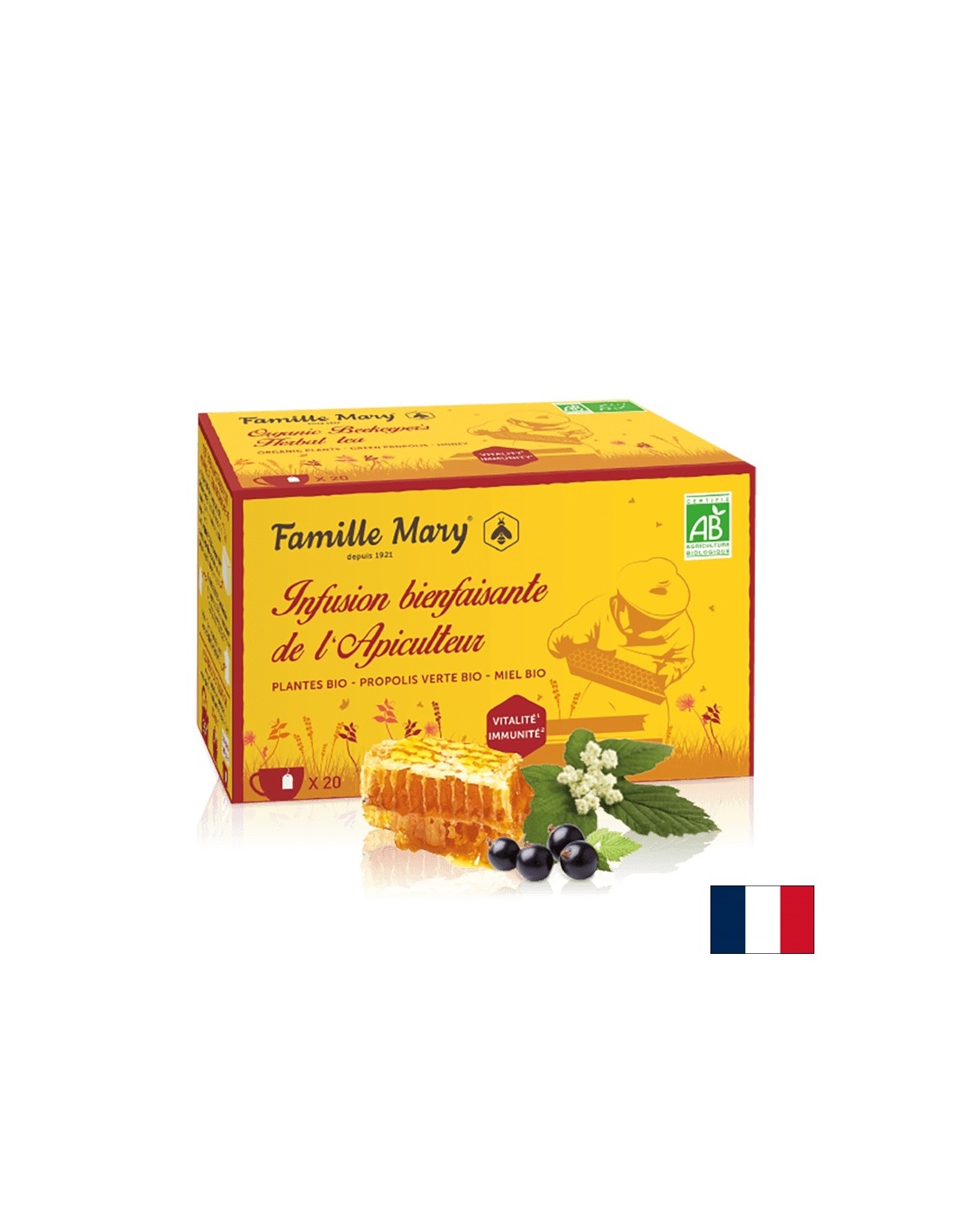 Infusion bienfai<tc>san</tc>Tisane de l'Apiculteur/ Tisane pour le système immunitaire à la propolis verte et au miel, 20 sachets filtrants