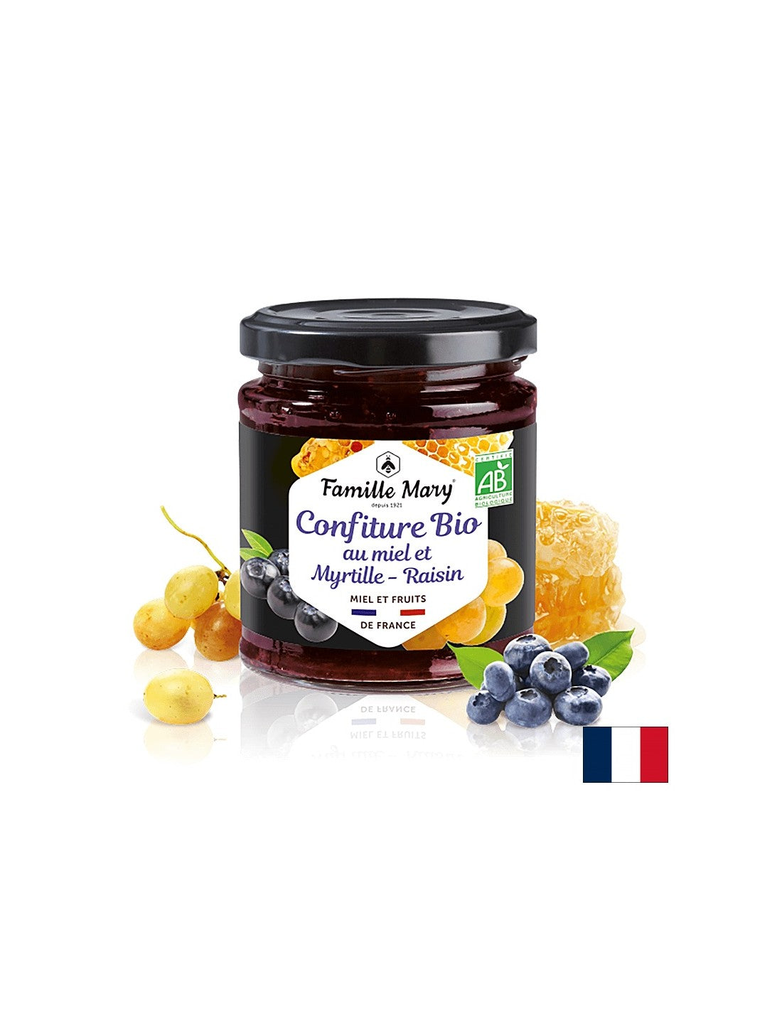 Confiture de miel biologique, bleuets et raisins, 220 g