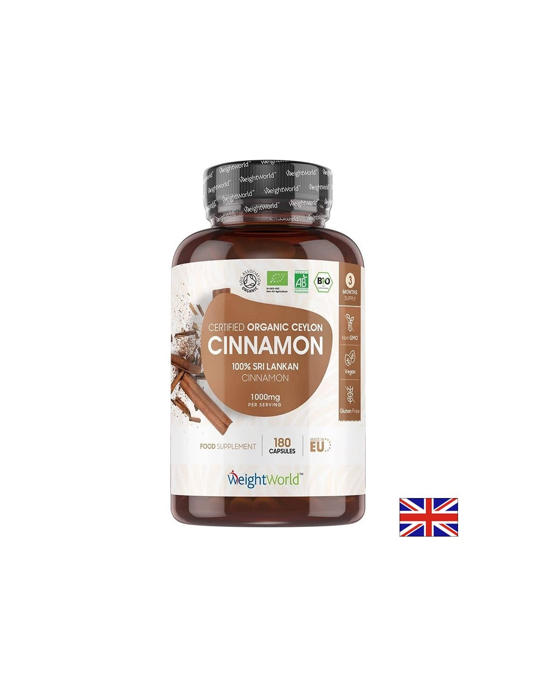 Contrôle du poids et de la glycémie - Cinnamon de Ceylan (organique), 1000 mg x 180 Capsules World World