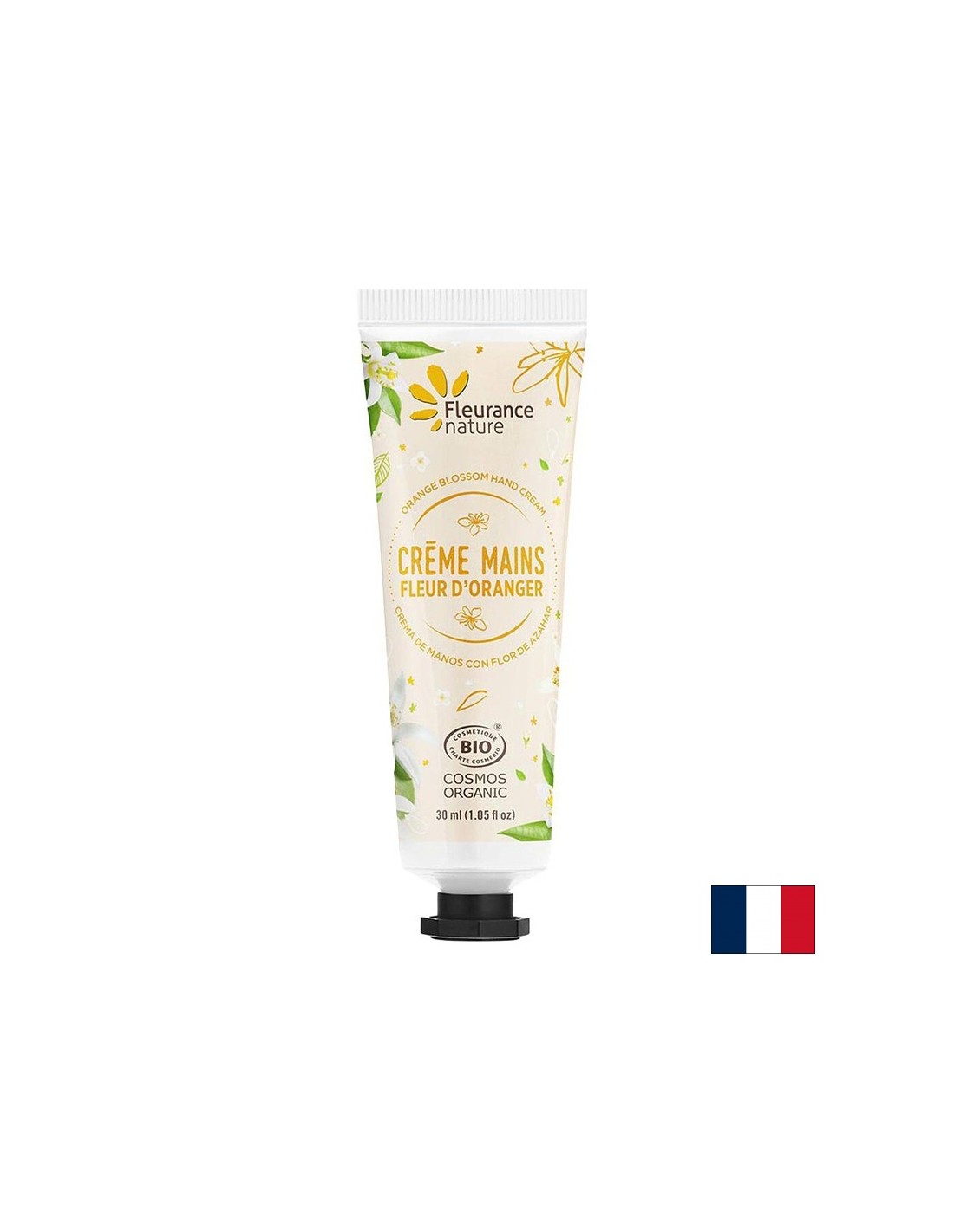 Crème à la main avec de l'eau de fruits orange, du beurre de karité et de l'aloe vera, 30 ml de nature floute
