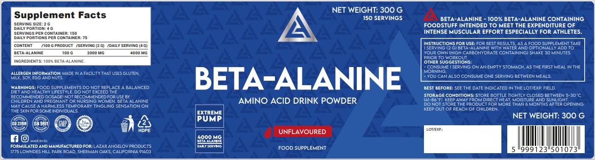 La poudre de bêta-alanine - 300 grammes