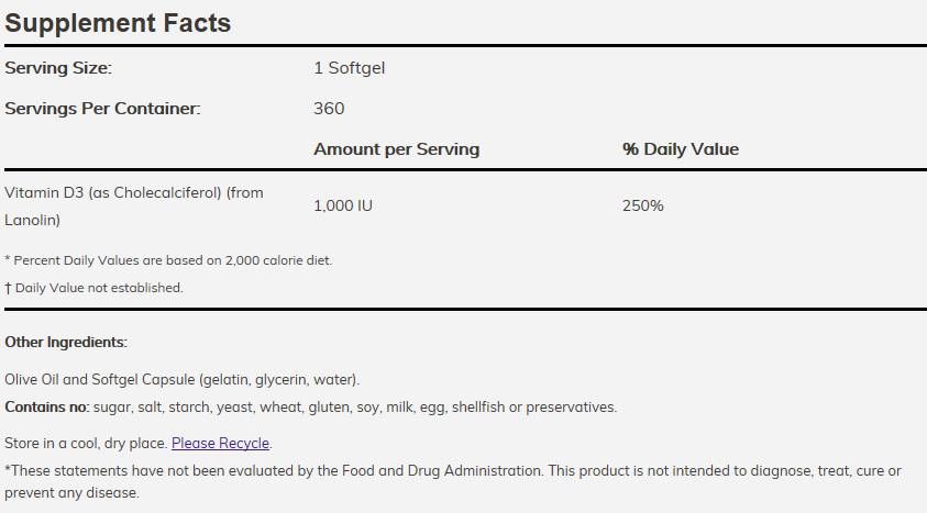 Vitamine D-3 1000 UI - 180 capsules de gel