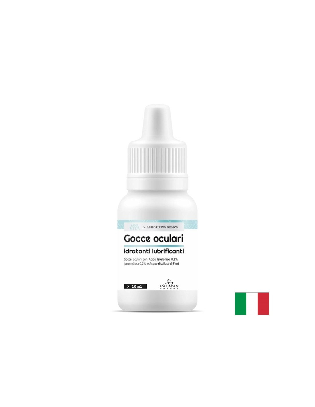 Des gouttes pour les yeux hydratantes avec de l'acide hyaluronique, de l'hypromellose et de l'eau florale, 10 ml