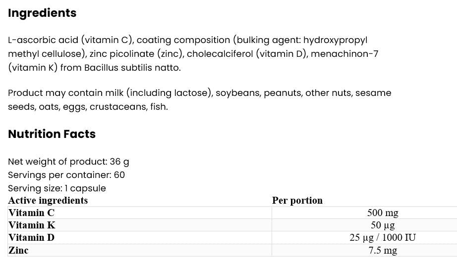 Vitamine D3 2000 + K2 MK-7/+ Vitamine C + Zinc 60 Capsules