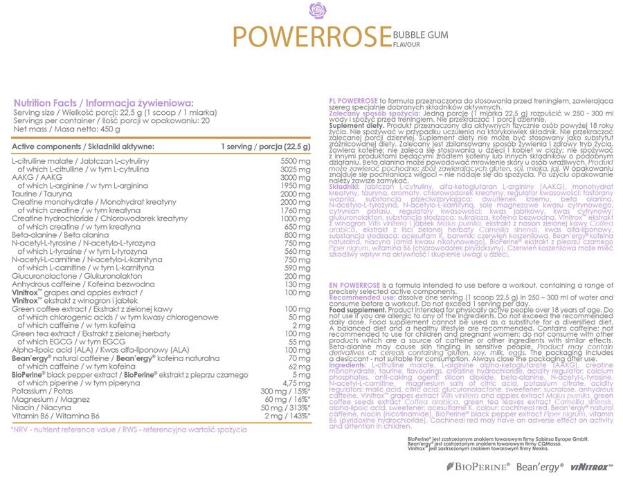 Alldeynn | PowerRose Pre-Workout - 450 grammes