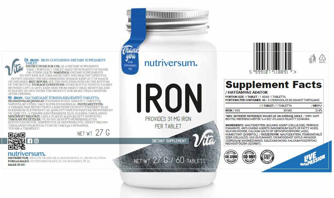 Iron 30 mg | Fumarate ferreux - 30 comprimés