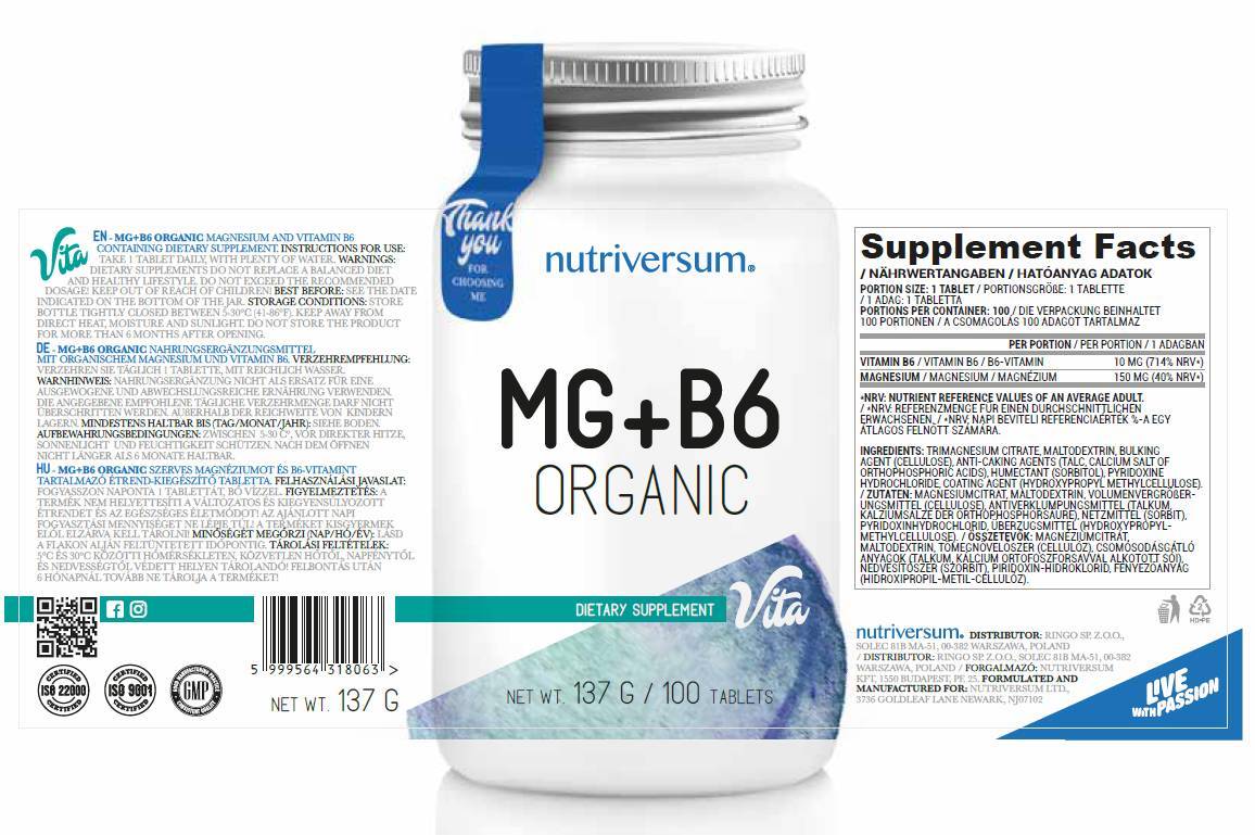 Mg + B6 | Magnésium organique + vitamine B6 - 60 comprimés