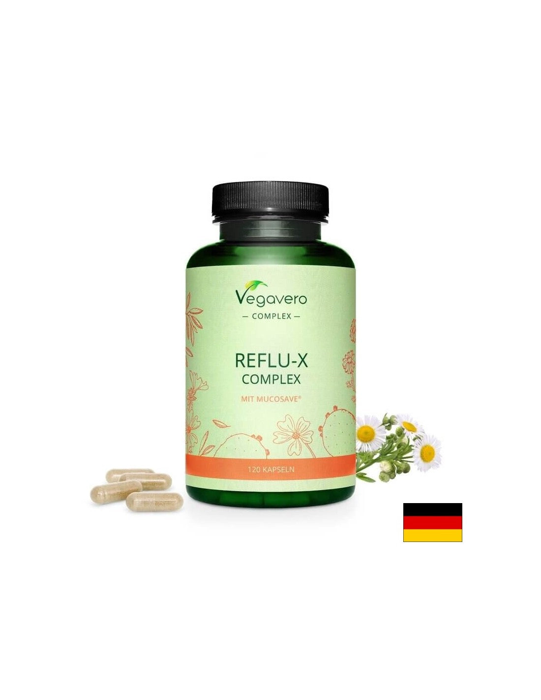 Complexe Reflu-X avec Mucosave/Mélange de plantes contre le reflux acide, 120 capsules, 100 % végétalien <tc>Vegavero</tc>