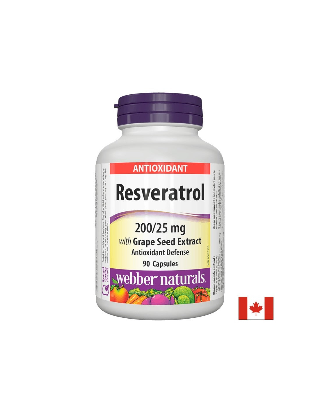 Resvératrol avec extrait de pépins de raisin/Resvératrol 200 mg avec extrait de pépins de raisin 25 mg x 90 capsules <tc>Webber Naturals</tc>