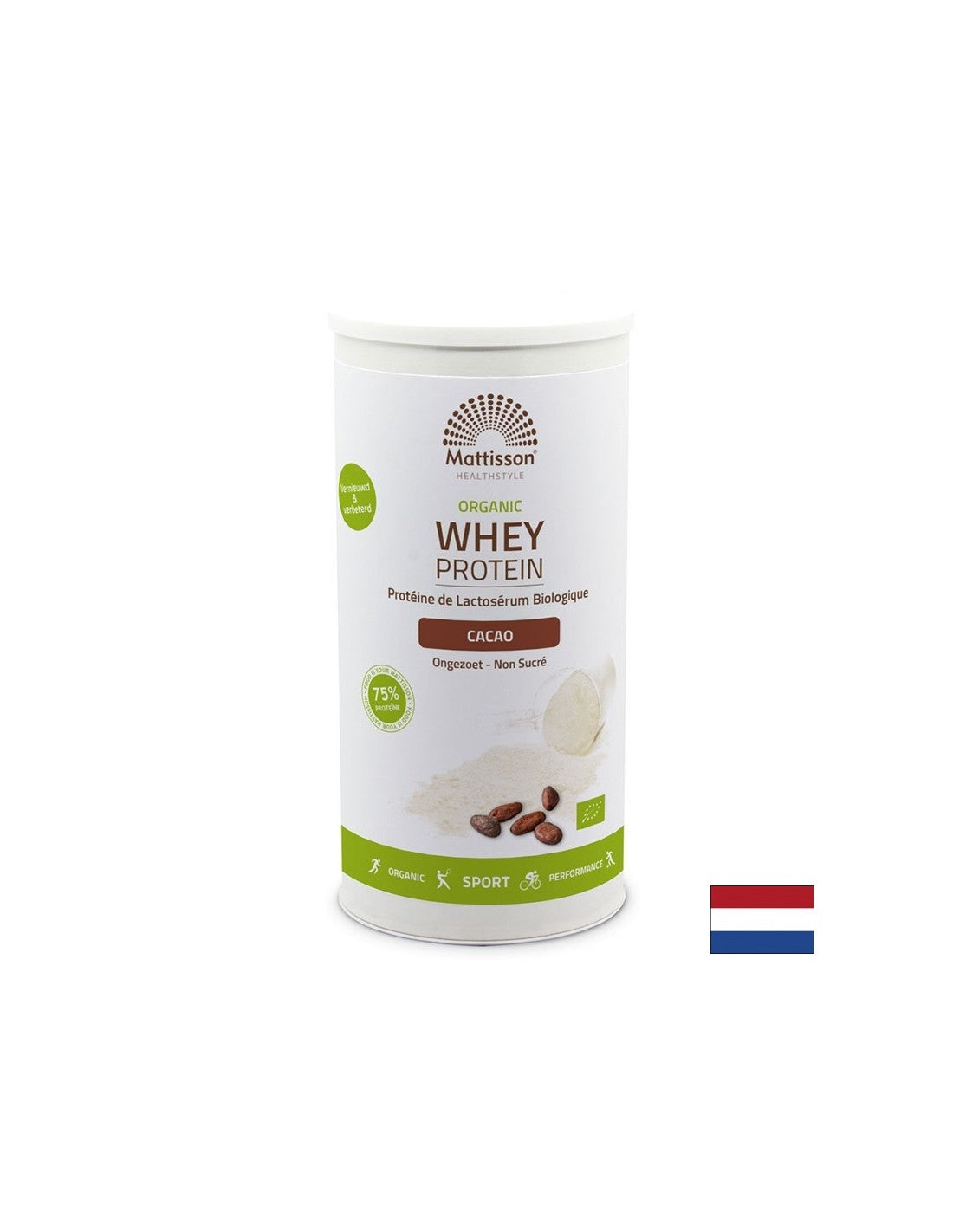 Protéine de lactosérum biologique, 450 g de poudre (saveur de cacao)
