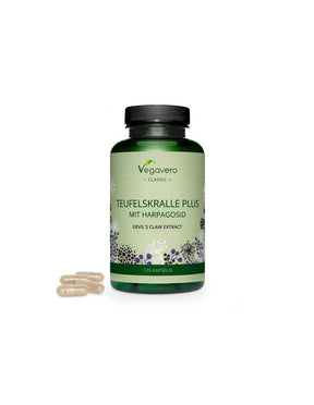 Teufelskralle Plus Mit Harpagosid/ Herbal formula with devil's claw, white willow and ginger, 120 capsules, 100% Vegan Vegavero - Nutra Best Europe