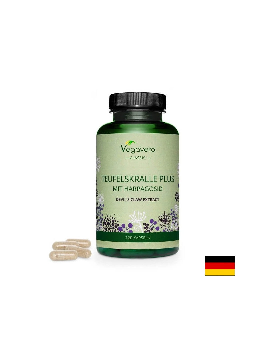 Teufelskralle Plus Mit Harpagosid/ Formule à base de plantes avec griffe du diable, saule blanc et gingembre, 120 capsules, 100 % végétalien <tc>Vegavero</tc>