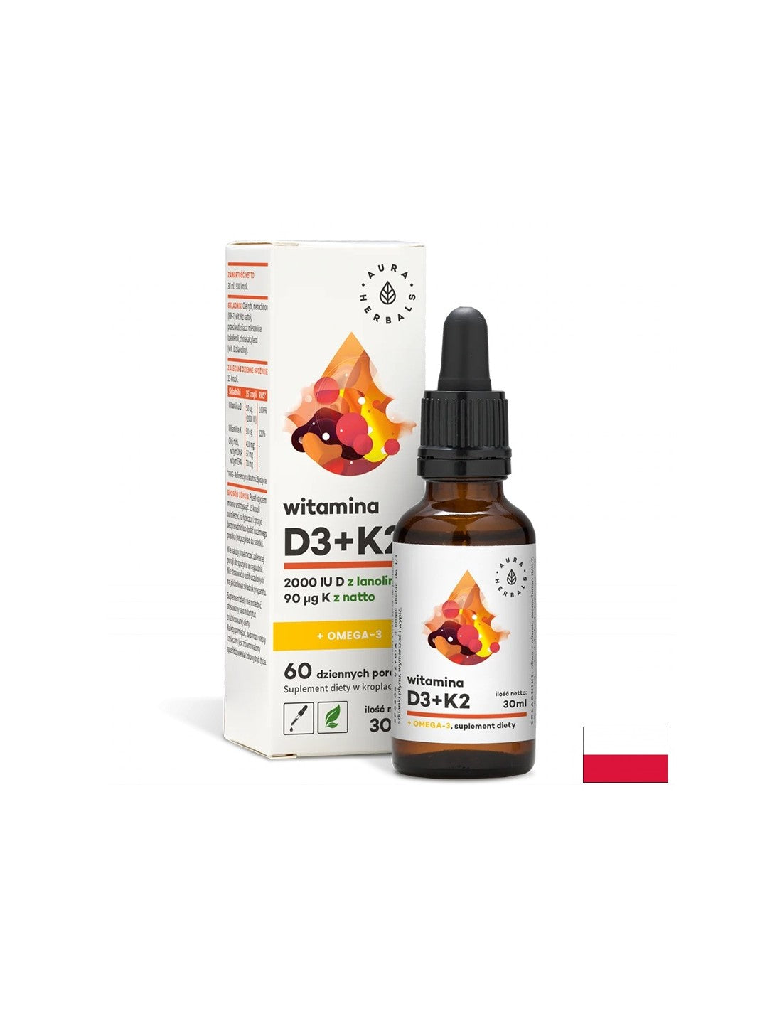 Pour soutenir les os, l'immunité et la fonction cérébrale - Vitamine D3 + K2 + Oméga-3, gouttes de 30 ml <tc>Aura Herbals</tc>