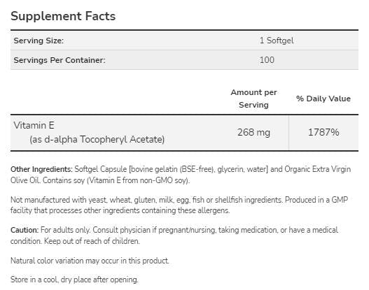 Vitamine E-400 IU D-alpha - 250 capsules de gel