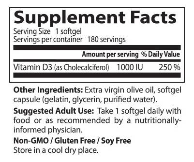 Meilleure vitamine D3 1000 UI - 180 capsules de gel