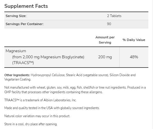 Glycinate de magnésium | Bisglycinate de magnésium hautement absorbable - 180 comprimés