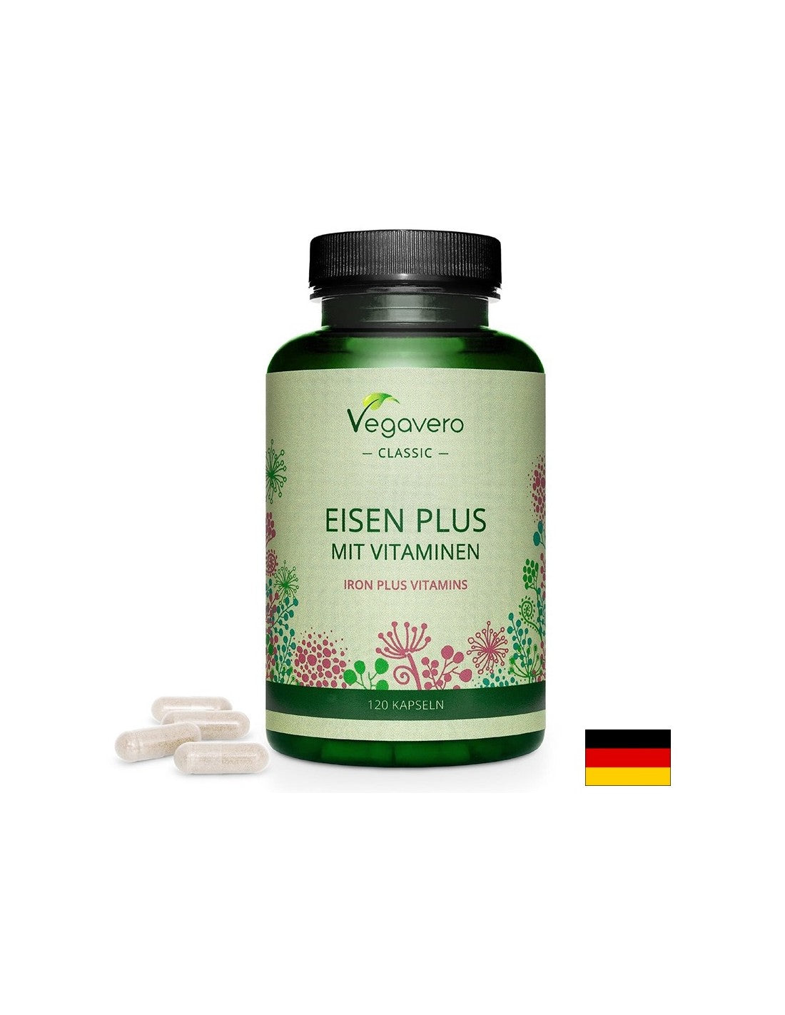 Fer + Vitamines (C, B2, B6, B12 et acide folique) - Eisen Plus Mit Vitaminen, 120 capsules <tc>Vegavero</tc>