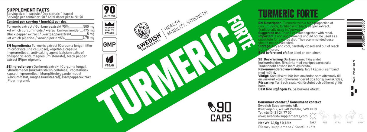 Turcuma Forte 500 mg | Extrait à 95% de curcumine avec poivre noir - 90 capsules